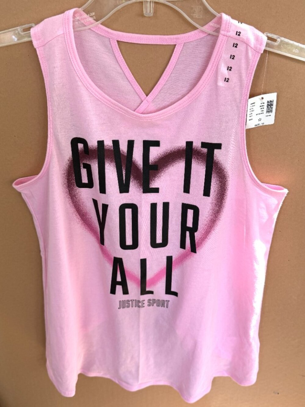 NWT Girls Justice Active Pink Tank Top "GIVE IT YOUR ALL" Justice Sport Size 12